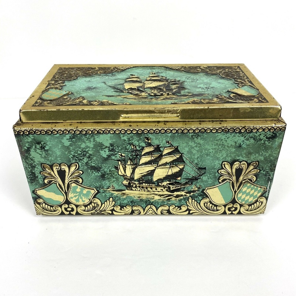 Vintage Turquoise Bering Galleon Cigar Tin Chest